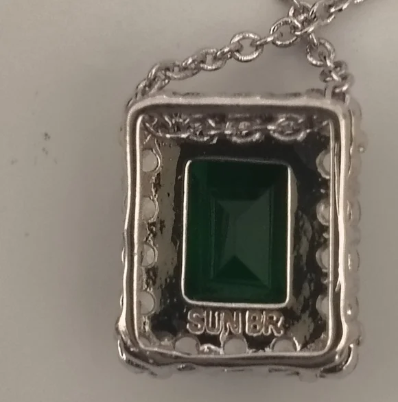 Emerald Square Halo Necklace - Green Crystal Pendant - Picture 4 of 4